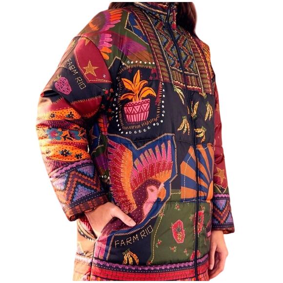 Farm Rio Crazy Mix Reversible Jaguar Floral Puffer Jacket M EUC - Picture 1 of 10